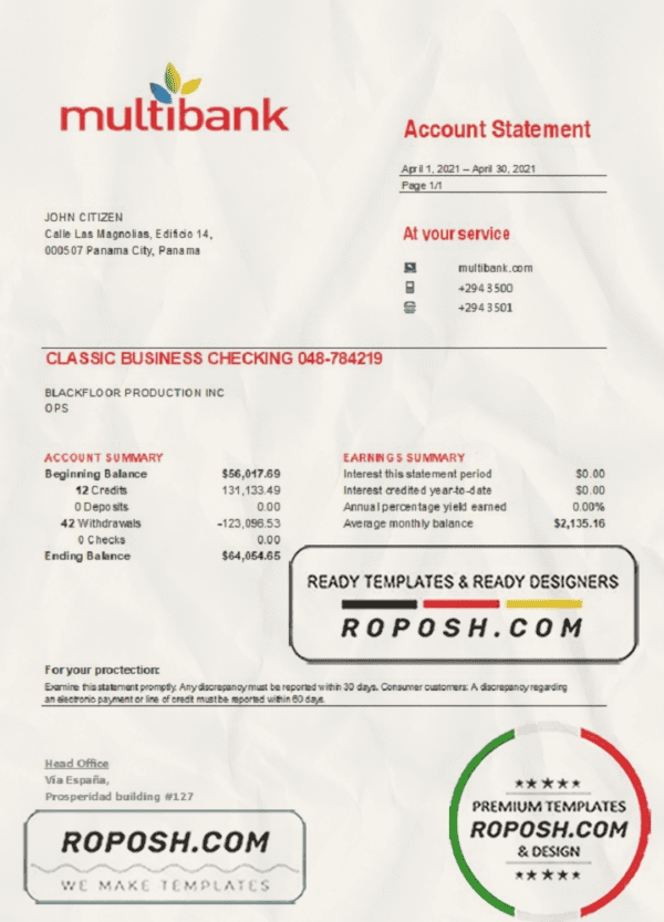 Panama Multibank bank statement easy to fill template in .xls and .pdf file format