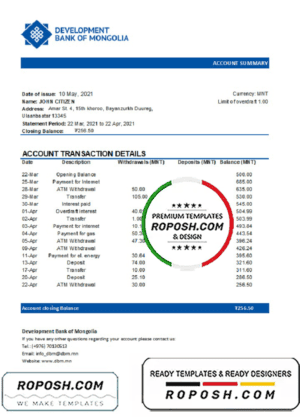 Mongolia Development Bank of Mongolia bank statement template in Word and PDF format