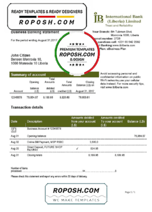 Liberia IB International Bank proof of address statement template in Word and PDF format