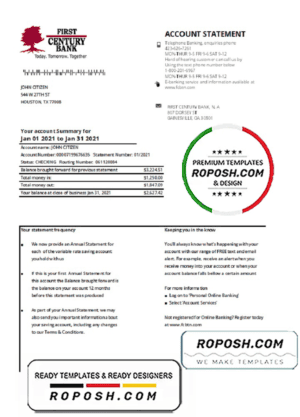USA Georgia Gainesville First century bank statement template in .xls and .pdf file format