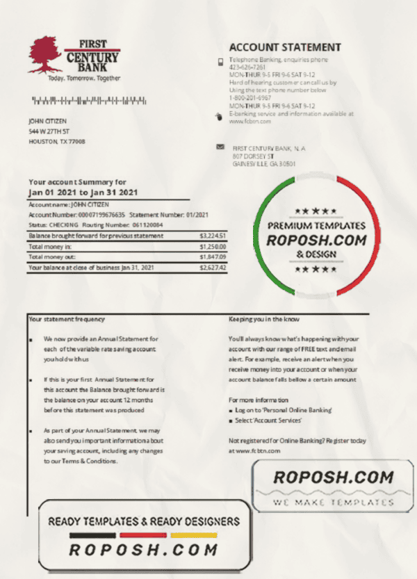 USA Georgia Gainesville First century bank statement template in .xls and .pdf file format