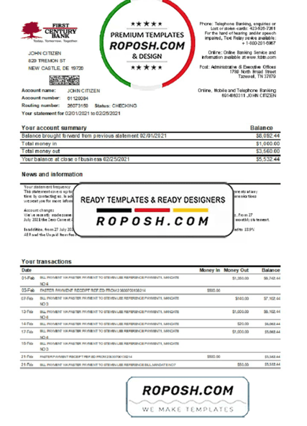 USA First Century Bank statement easy to fill template in Excel and PDF format
