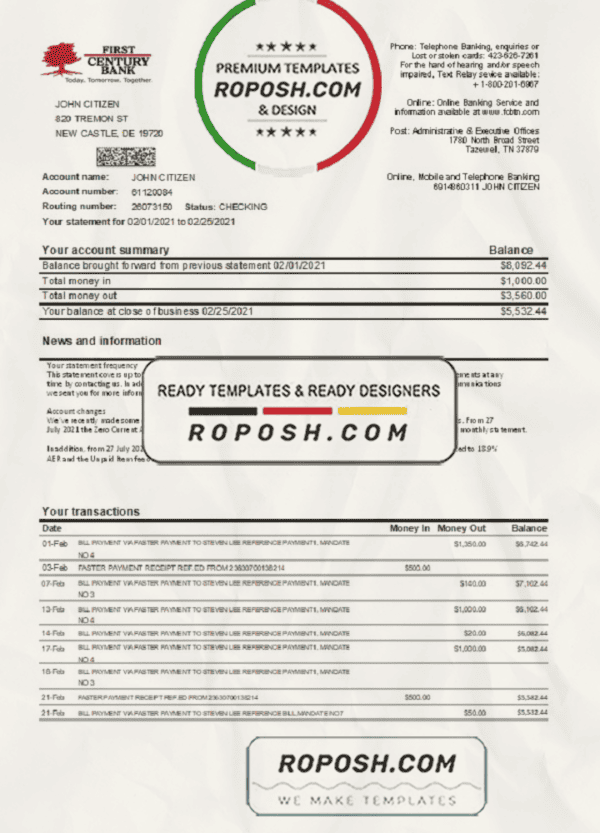 USA First Century Bank statement easy to fill template in Excel and PDF format