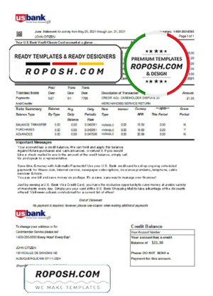 USA U.S. bank credit card statement template in Excel and PDF file format