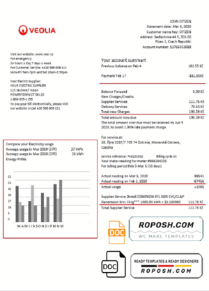 Czechia Veolia Energy Czech Republic energy utility bill template in Word and PDF format