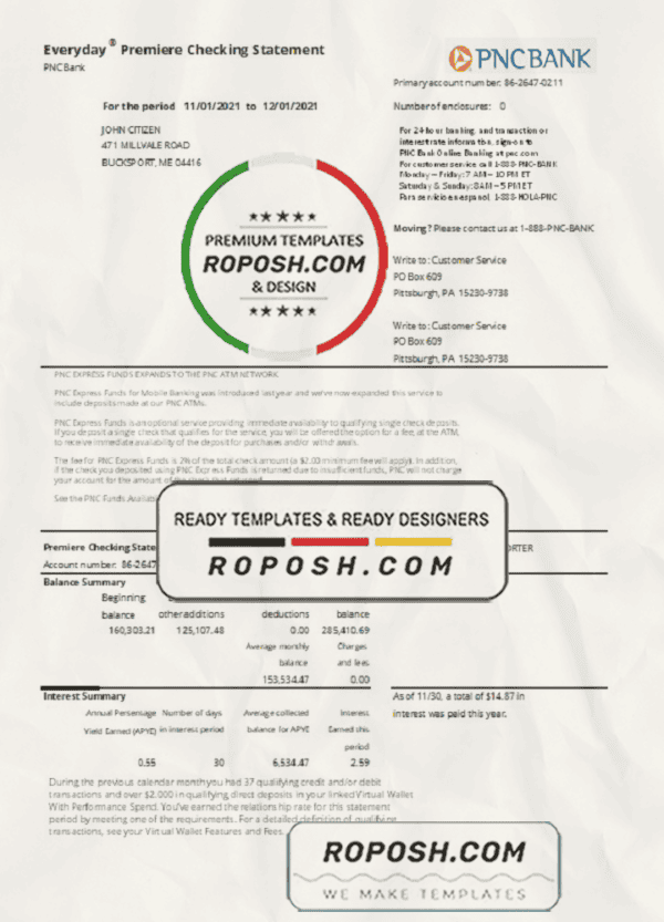 USA PNC bank statement template in .xls and .pdf file format