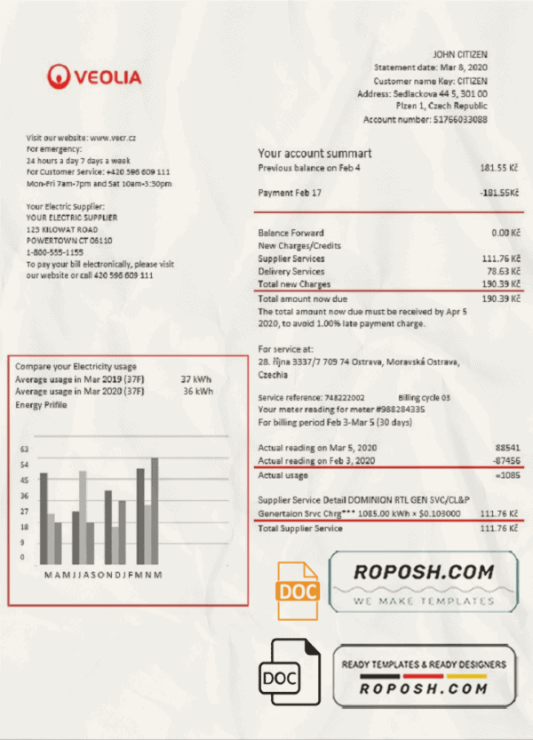 Czechia Veolia Energy Czech Republic energy utility bill template in Word and PDF format