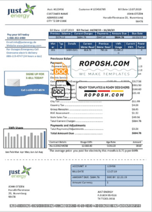 Germany Just Energy utility bill template in Word and PDF format (.doc and .pdf)
