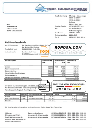 Germany Wavwasser utility bill template in Word and PDF format