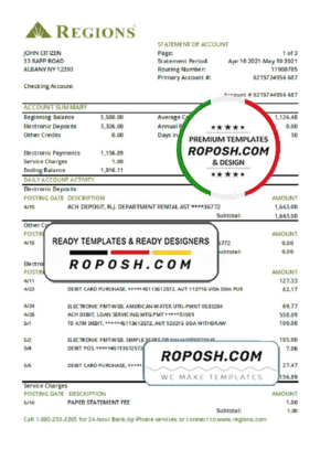 USA Regions bank statement template in .xls and .pdf file format