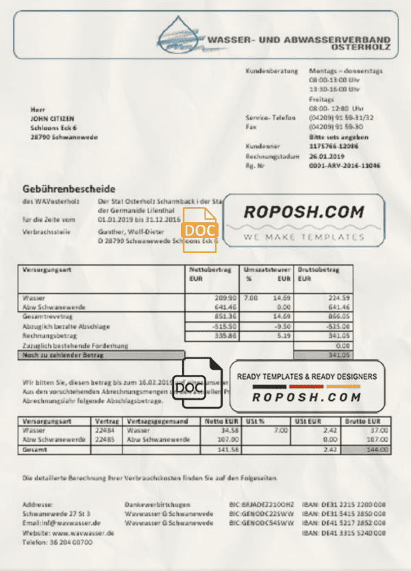 Germany Wavwasser utility bill template in Word and PDF format