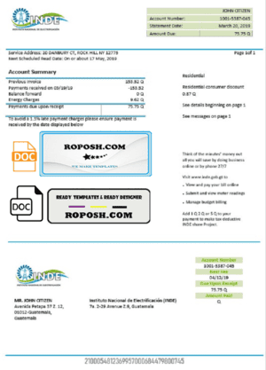 Guatemala INDE Instituto Nacional de Electrificación electricity utility bill template in Word and PDF format