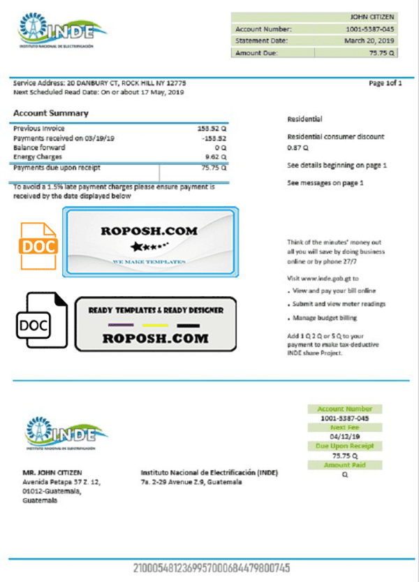 Guatemala INDE Instituto Nacional de Electrificación electricity utility bill template in Word and PDF format