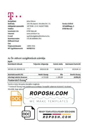 Hungary Magyartel utility bill template in Word and PDF format, fully editable