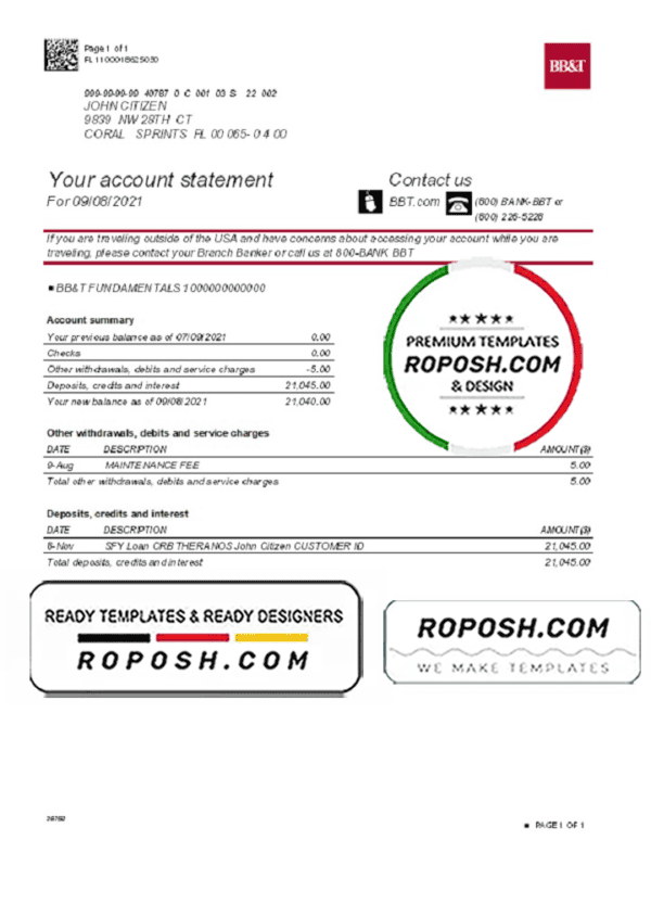 USA North Carolina BB&T Corp. bank account statement template in Excel and PDF format