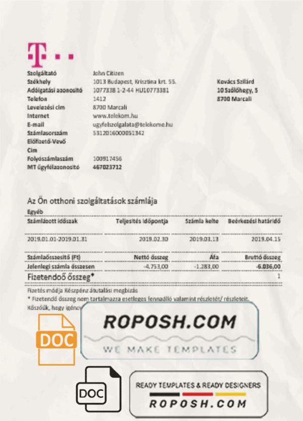 Hungary Magyartel utility bill template in Word and PDF format, fully editable