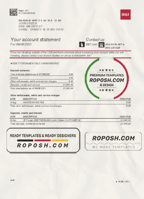 USA North Carolina BB&T Corp. bank account statement template in Excel and PDF format