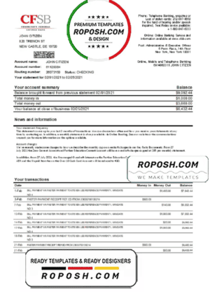 USA New York CFSB bank statement template in Excel and PDF format