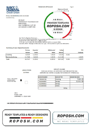 USA Navy Federal Credit Union bank statement template in Excel and PDF format