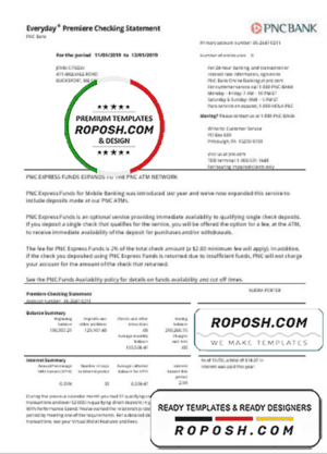 USA PNC bank proof of address statement template in Word and PDF format