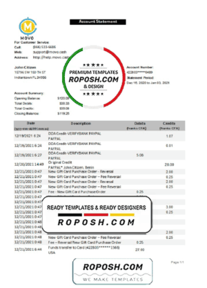 USA MOVO bank statement template in Excel and PDF format