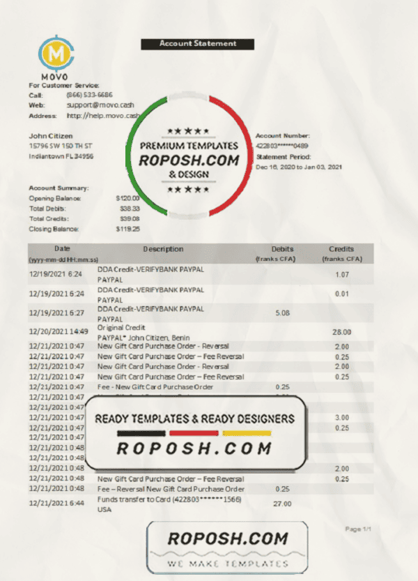 USA MOVO bank statement template in Excel and PDF format