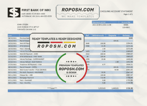 USA First Bank of Wiki bank statement easy to fill template in .xls and .pdf file format