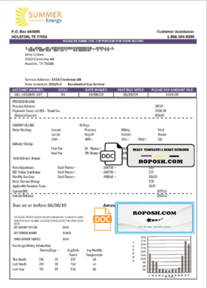 USA Texas Summer Energy easy fillable utility bill template in Word and PDF format