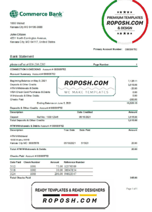 USA Commerce Bank statement easy to fill template in Excel and PDF format
