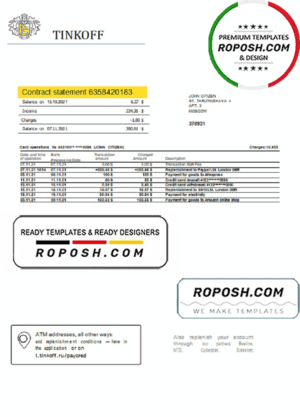 Russia Tinkoff bank proof of address statement (English version) template in Word and PDF format