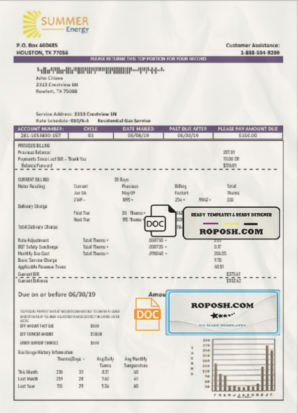 USA Texas Summer Energy easy fillable utility bill template in Word and PDF format scan effect