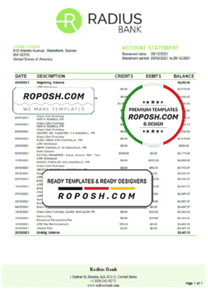 USA Massachusetts Radius Bank statement template in Word and PDF format