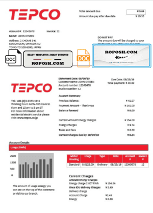 Japan Tokyo Electric Power Company electricity utility bill template in Word and PDF format