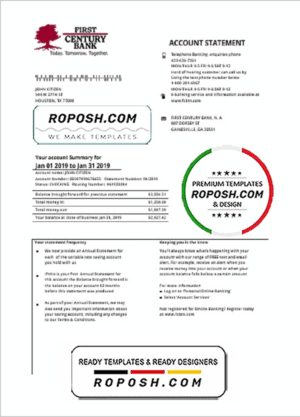 USA Georgia Gainesville First Century bank proof of address statement template in Word and PDF format