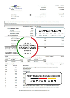 USA Fifth Third Bank statement easy to fill template in .xls and .pdf file format
