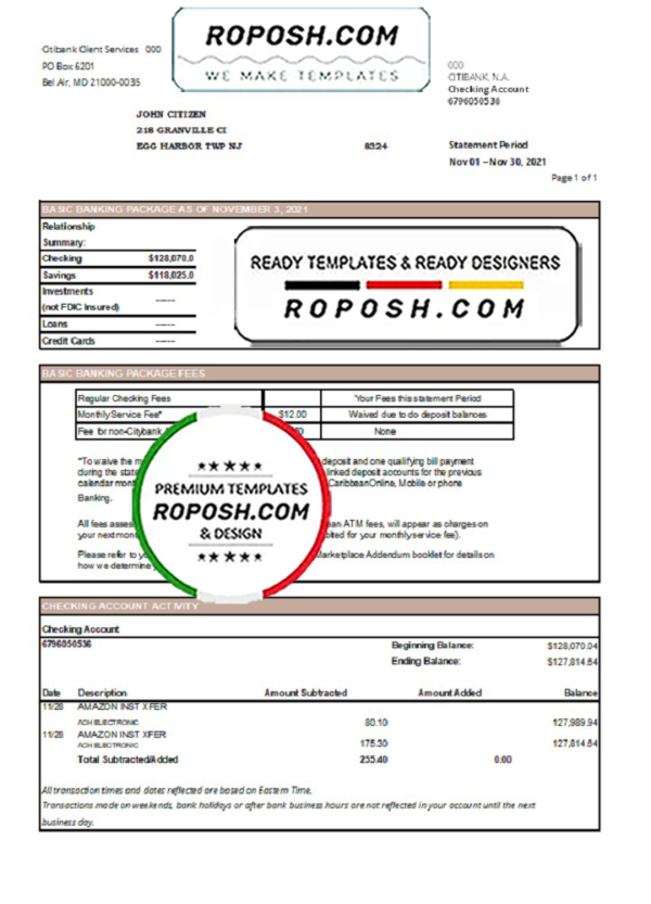 USA City Bank statement easy to fill template in .xls and .pdf file format