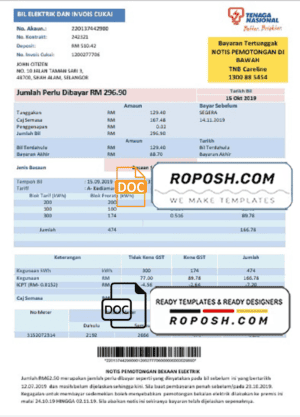Malaysia Tenaga Nasional electricity utility bill template in Word and PDF format