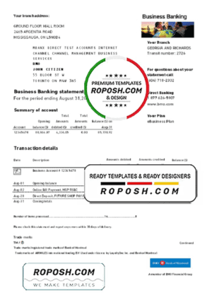 USA BMO Bank of Montreal bank proof of address statement template in Excel and PDF format