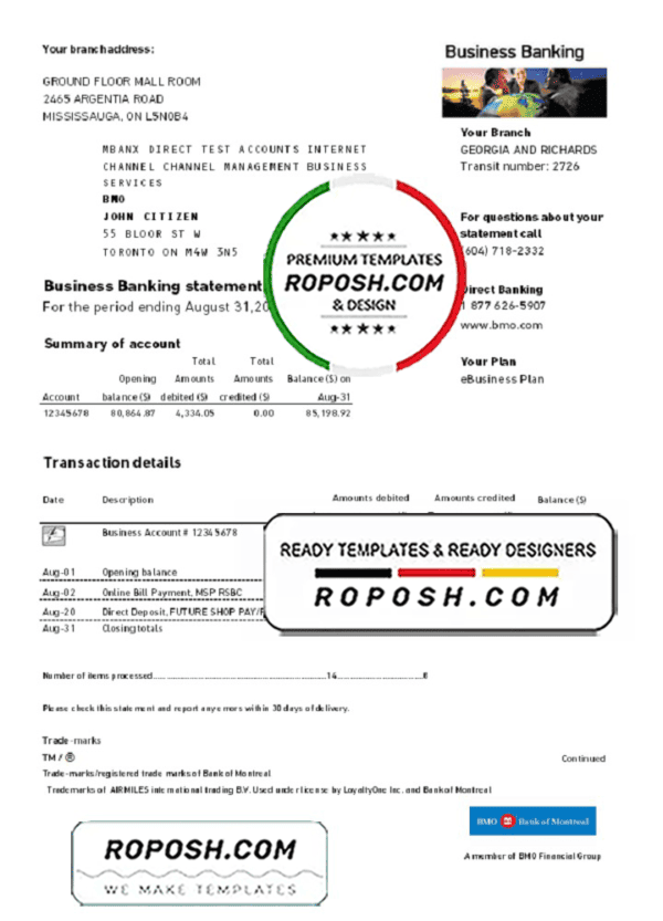 USA BMO Bank of Montreal bank proof of address statement template in Excel and PDF format