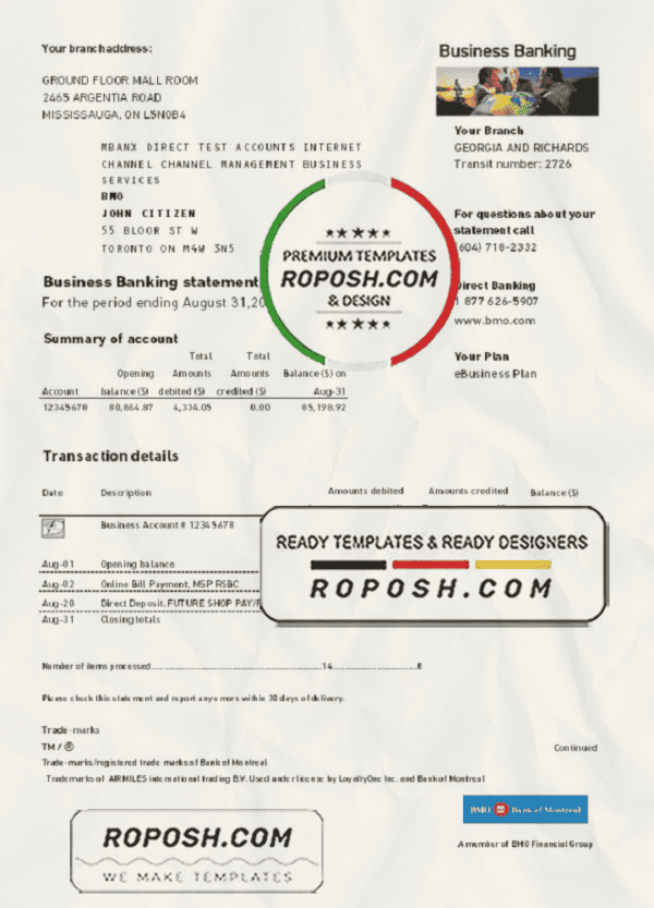 USA BMO Bank of Montreal bank proof of address statement template in Excel and PDF format