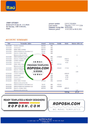 Brazil Itau bank statement template in Word and PDF format, fully editable