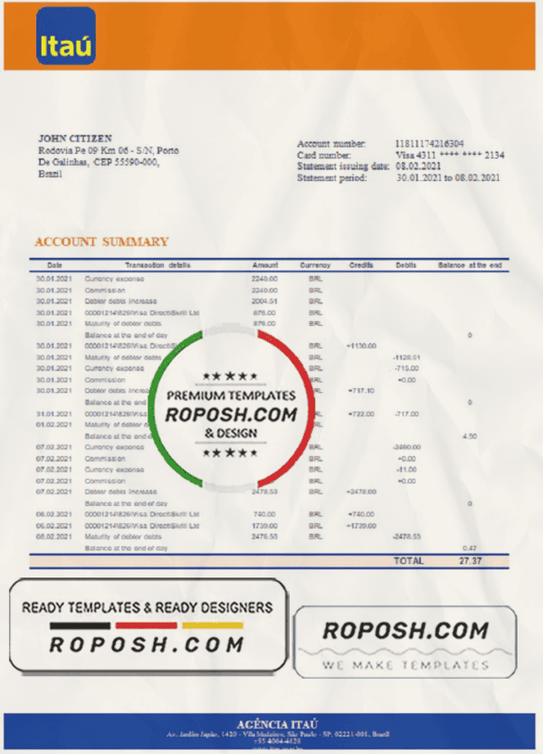 Brazil Itau bank statement template in Word and PDF format, fully editable
