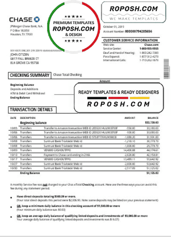 USA Chase account statement template in Word and PDF format, good for address prove