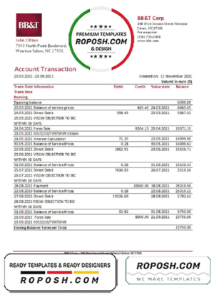 USA BB&T Corp. bank statement easy to fill template in .xls and .pdf file format