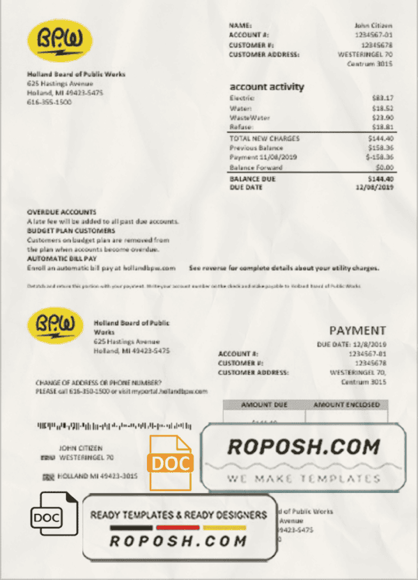 Netherlands BPW utility bill template in Word and PDF format