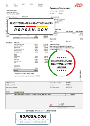 USA ADP Earnings statement template in .xls and .pdf file format
