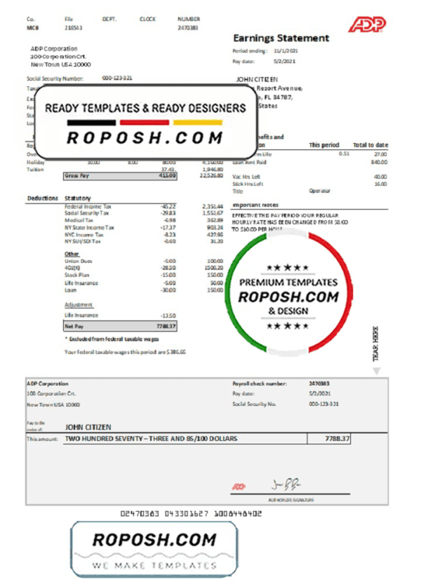 USA ADP Earnings statement template in .xls and .pdf file format