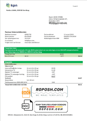 Netherlands KPN utility bill template in Word and PDF format