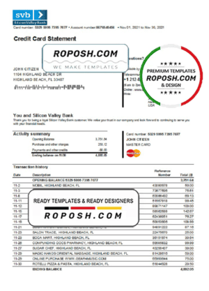 USA Florida Silicon Valley bank credit card statement template in Excel and PDF format
