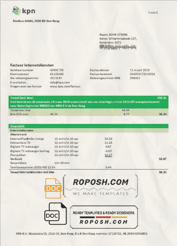 Netherlands KPN utility bill template in Word and PDF format